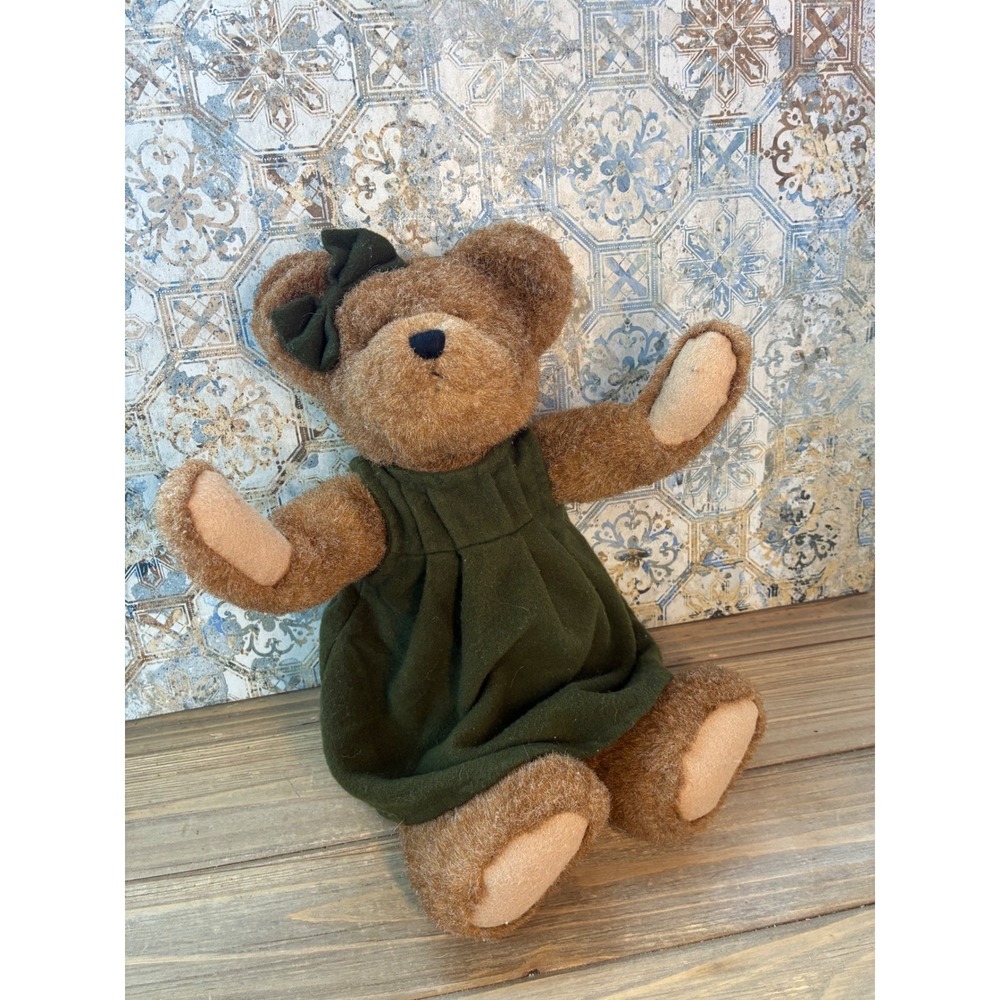 Boyds Collection Teddy Bear Plush‎ Green Dress Bow Vintage Small Brown Excellent